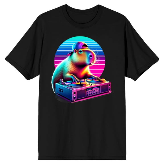 Capybara DJ Adult Black Crew Neck Short Sleeve T-shirt-XXL