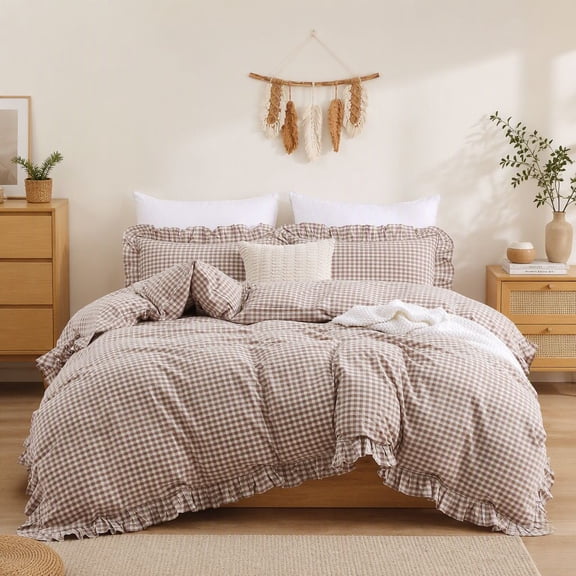 3-Piece Duvet Cover Set, Tan Gingham Ruffle, Washed Cotton Linen-Like Feel, Soft Breathable Farmhouse Bedding with Zipper and Ties, No Comforter Insert