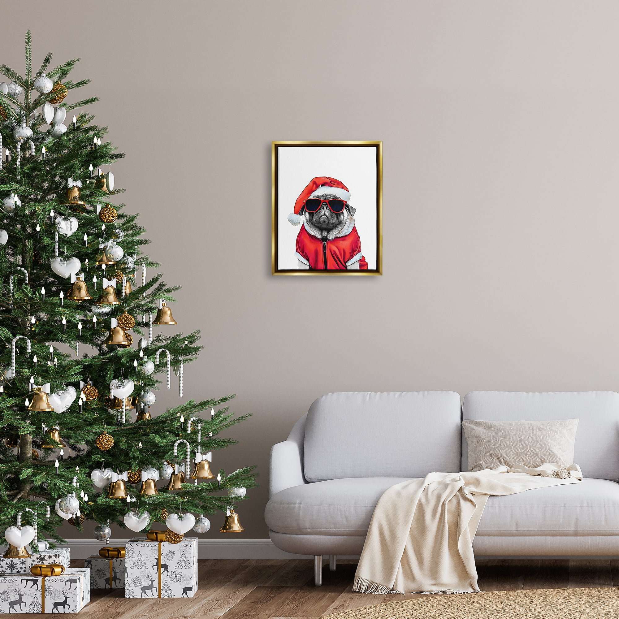 Stupell Industries Funny Pug Santa Hat Holiday Painting Gold Floater Framed Canvas Art Print Wall Art, 17 x 21