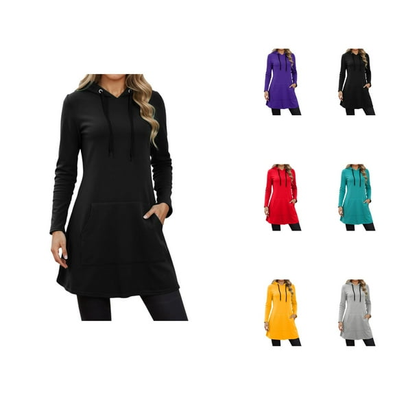Long Hoodie Dress for Women 2025 Fall Winter Long Sleeve Loose Fit Hooded Sweatshirt with Pockets Pullover Tops