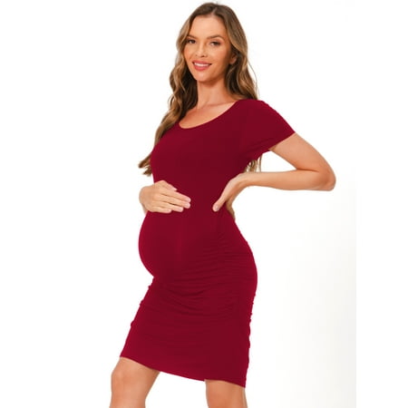 

Bearsland Women Summer Short Sleeve Maternity Dress Side Ruched Mama Pregnancy Bodycon Dress red M