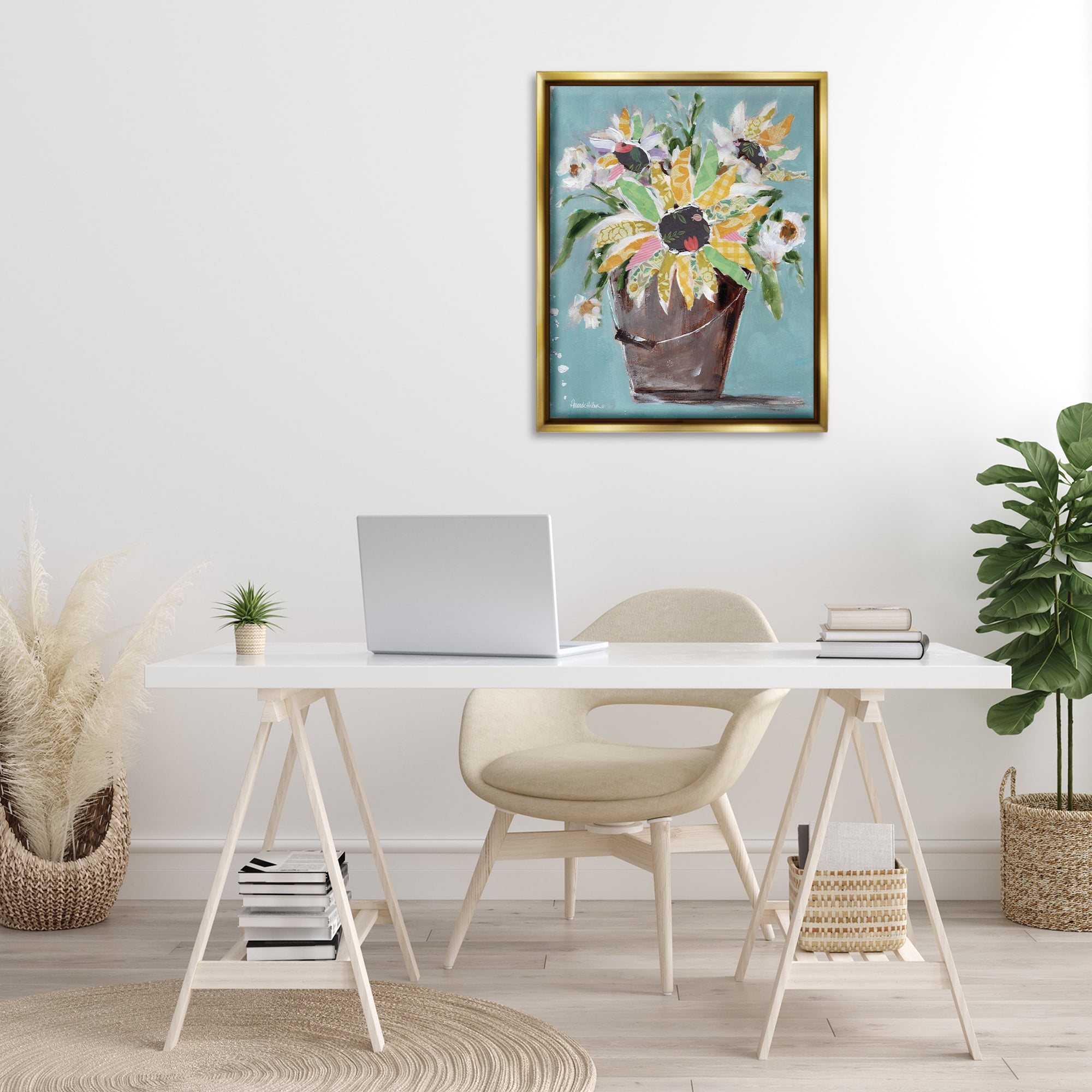 Stupell Industries Flower Bucket Bouquet Botanical & Floral Painting Gold Floater Framed Art Print Wall Art, 25 x 31
