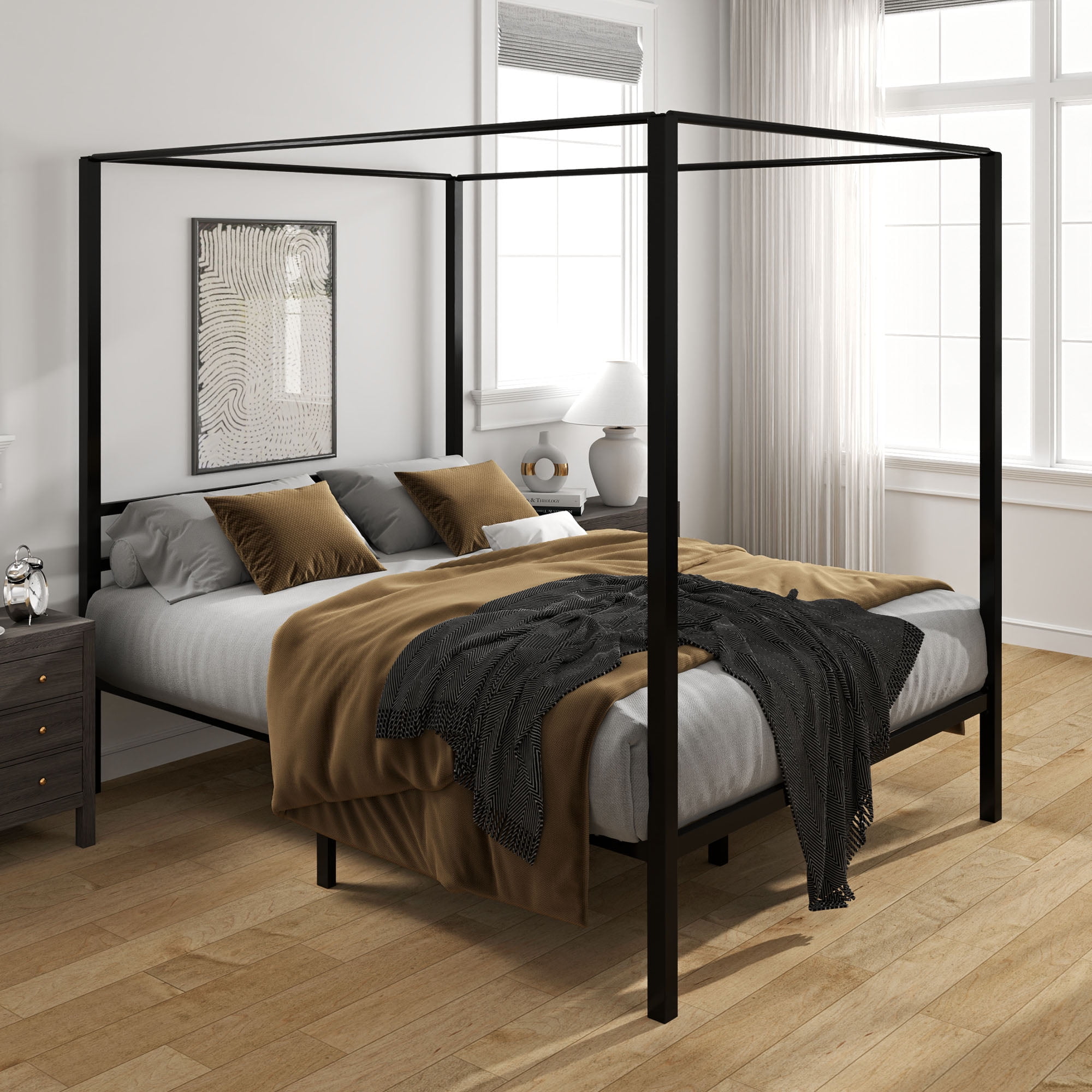 Uforic Queen Size Metal Canopy Bed Frame with Headboard, Four-Poster 14-Inch Platform with Metal Slats, Requires No Box Spring (Black)