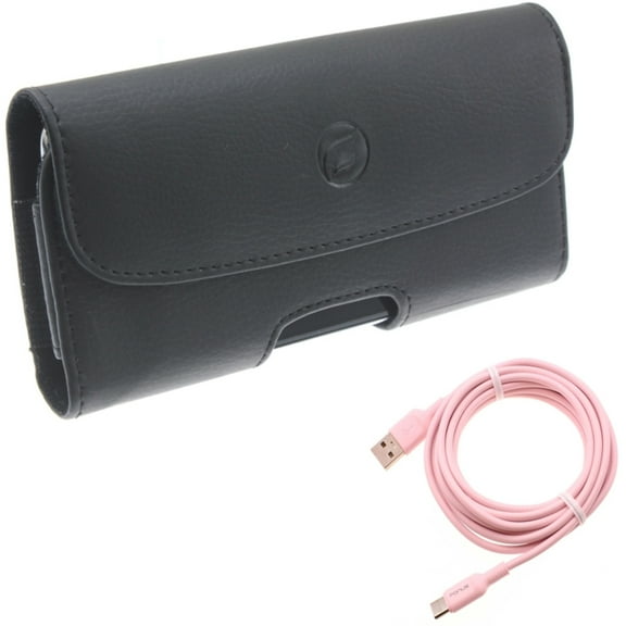10ft Long USB-C Cable w Case Belt Clip for Samsung Galaxy S21,S20 - Pink Charger Cord Power Wire, Leather Holster Cover
