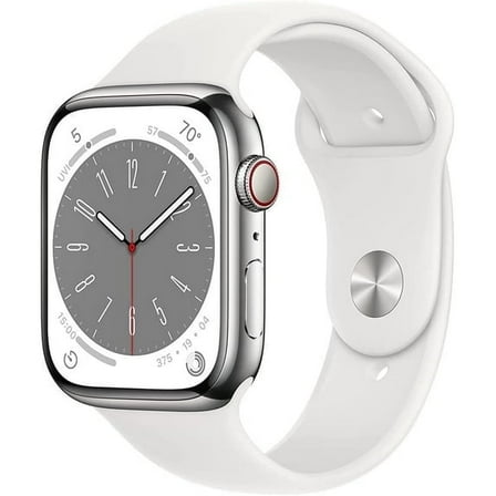 Restored Apple Watch Series 8 45mm Gps   Cellular Stainless Steel Silver   White Sport Band 32GB (Refurbished)