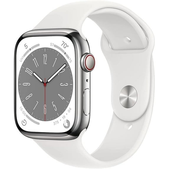 Restored Apple Watch Series 8 45mm Gps Cellular Stainless Steel Silver White Sport Band 32GB (Refurbished)