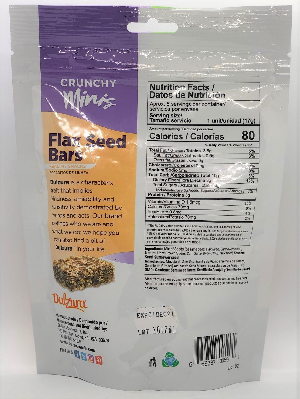 Dulzura Flax Seed Bars 4.20oz Bag Healthy Snacks