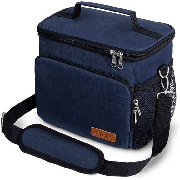 Tiblue Insulated Reusable Lunch Box for Office Work School Picnic Beach, Leakproof Freezable Cooler Bag with Adjustable Shoulder Strap (Medium, Navy Blue)