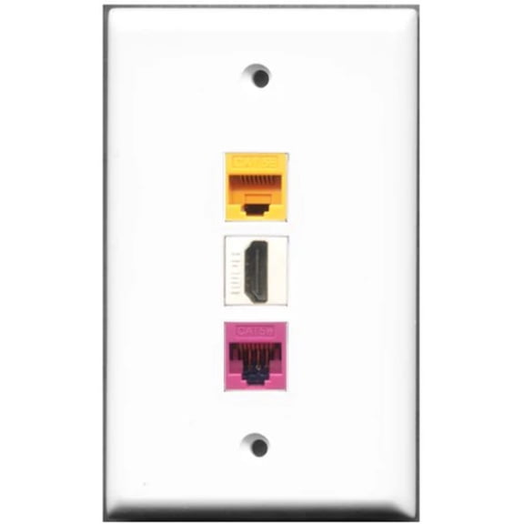 RiteAV - 1 Port HDMI 1 Cat5e Ethernet Pink 1 Cat5e Ethernet Yellow Wall Plate