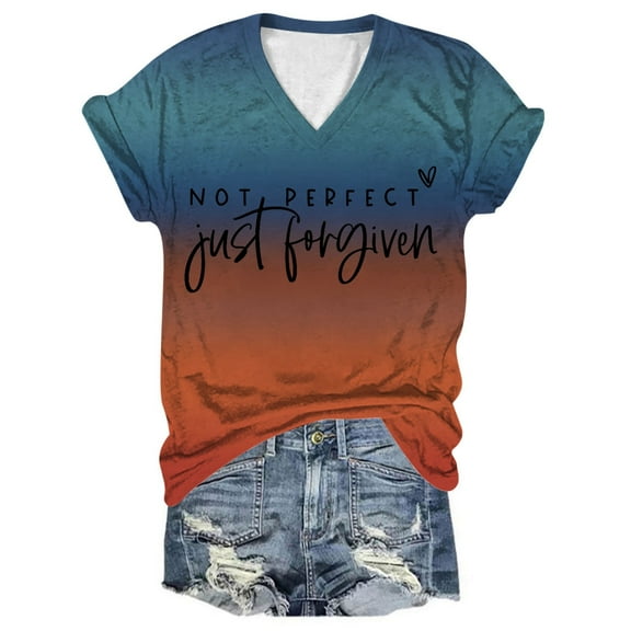 OSOLU Women Not Just Forgiven Gradient Letter Print Tops Short Sleeve V-Neck T-Shirt Tee Tops Cute Dailywear