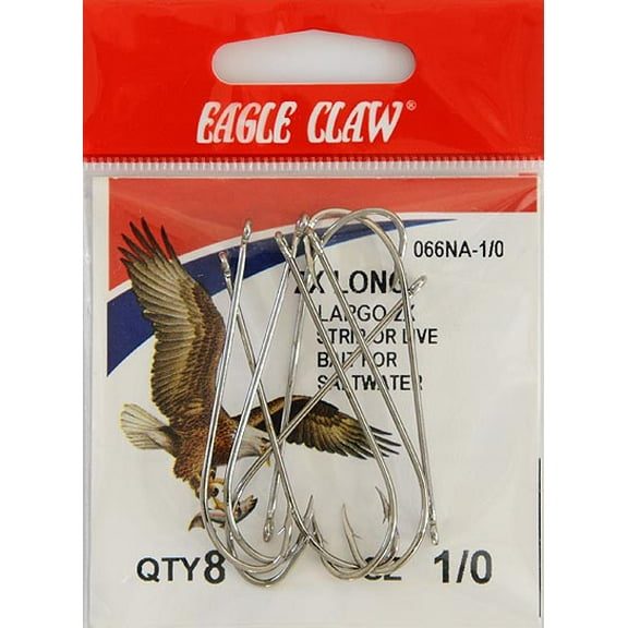 Eagle Claw 066NAH-1/0 2X Long Shank Offset Hook, Nickel, Size 1/0, 8 Pack