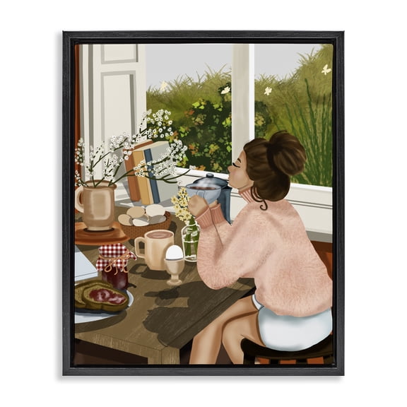 Stupell Industries Farmhouse Girl with Cozy Breakfast Black Floating Frame Canvas Art, 17 x 21, by Saba Rauf