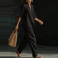 thumbnail image 5 of Domzest Two Piece Linen Sets for Women Short Sleeve V Neck Tunic Top Matching Wide Leg Pants Casual Loose Outfits With Side Pockets Black XL, 5 of 6