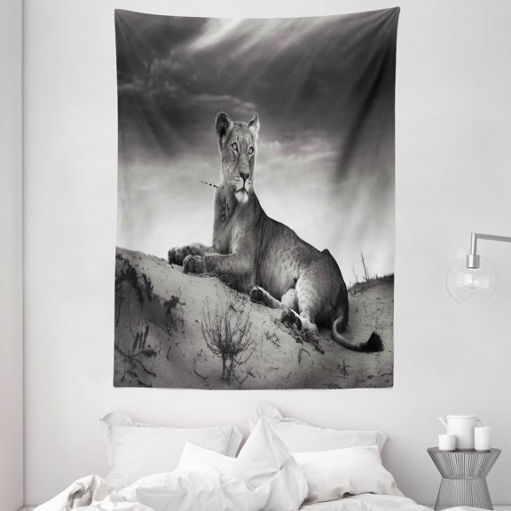 Black and White Tapestry, Wild Lioness on Desert Sand Dunes African Animal Safari Image Print, Wall Hanging for Bedroom Living Room Dorm Decor, 60W X 80L Inches, Black White Grey, by Ambesonne