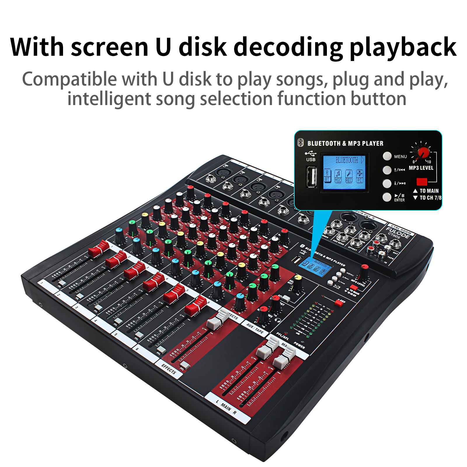 FULODE CT60 6-channel Professional mixer audio Bluetooth U disk 48V Phantom Power Source USB recording,dj mixer,Suitable for beginners as well