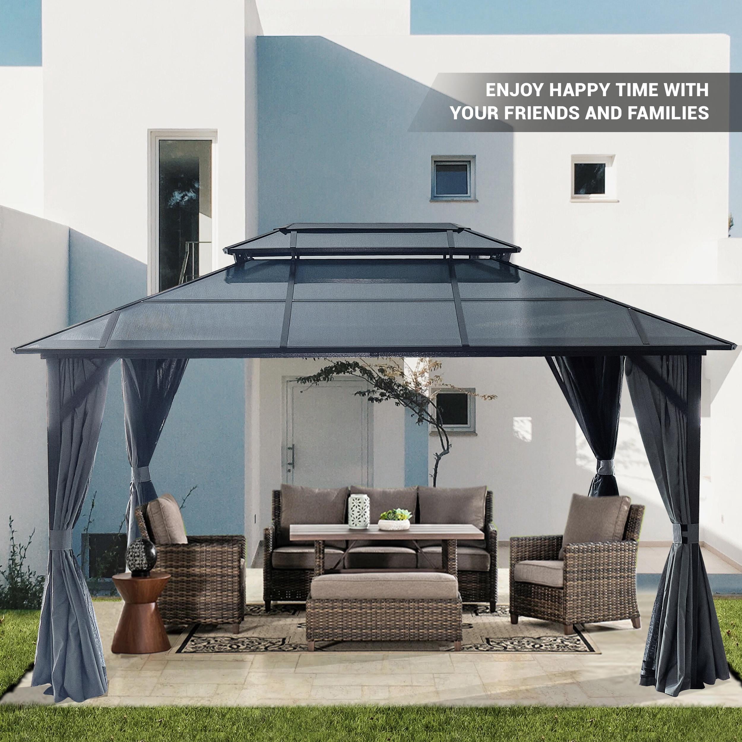 10'x13' Hardtop Gazebo, Outdoor Patio Gazebo with Polycarbonate Double Roof, Permanent Gazebo Pavilion with Curtain and Netting for Patio, Deck, Backyard, Black