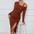 thumbnail image 3 of SWSMCLT Women's Long Sleeve High Split Bodycon Dress Sexy Drawstring Ruched Cold Shoulder Mini Dresses Brown Large, 3 of 5