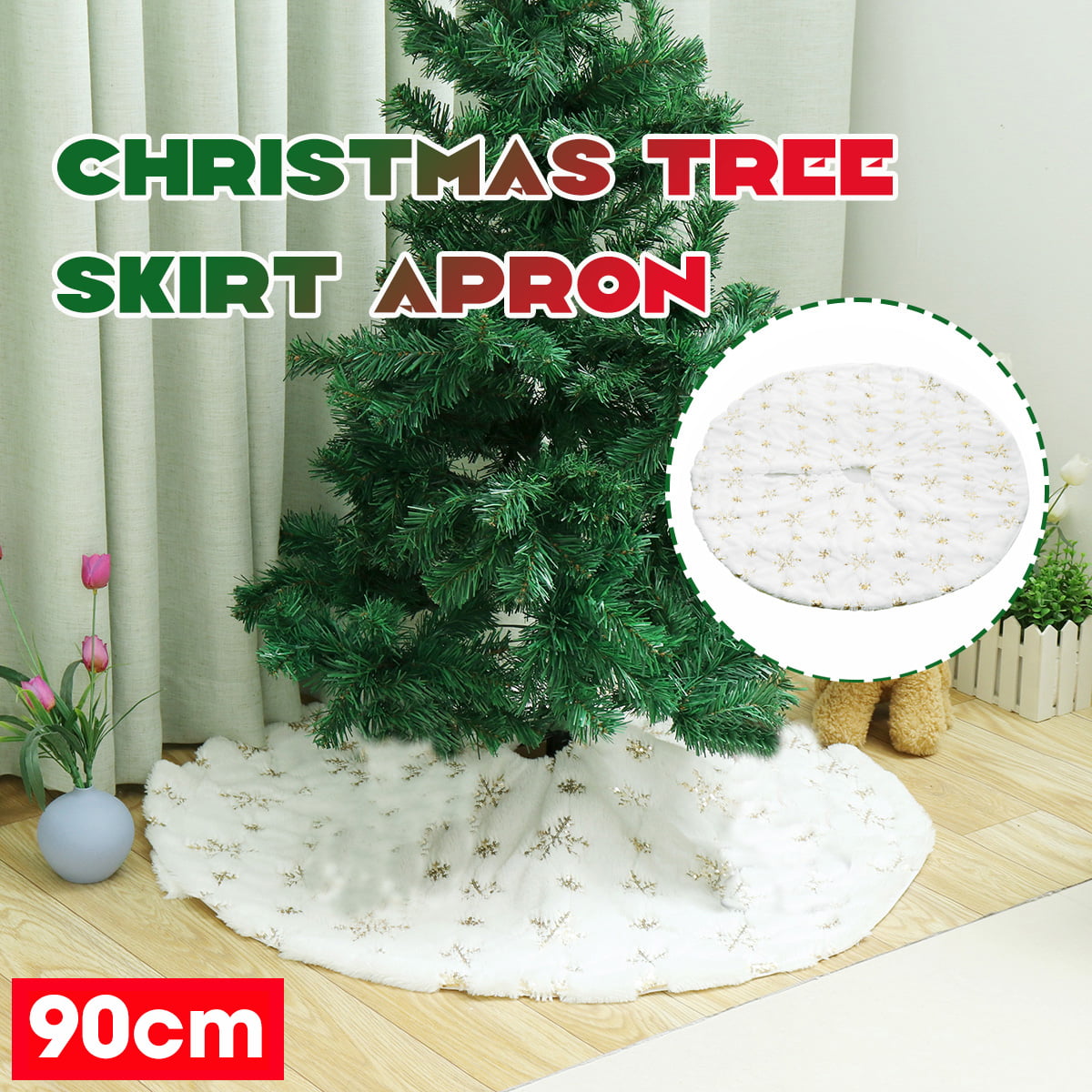 78/90/122cm Long Plush White Snowflake Christmas Tree Skirt Base Floor Mat Cover 
