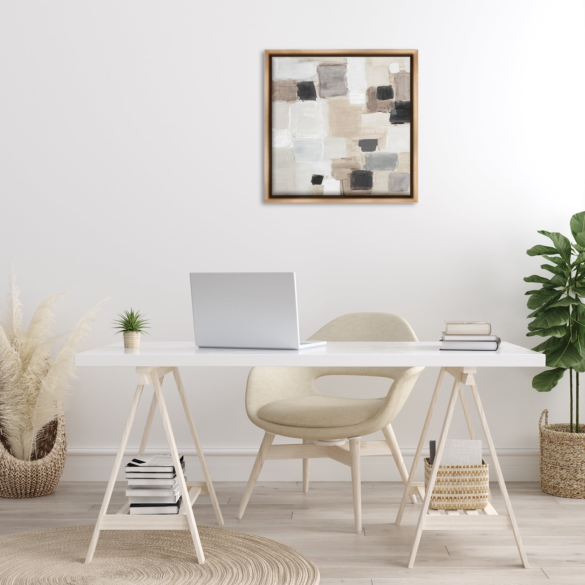Stupell Industries Neutral Square Patchwork Abstract Painting Brown Floater Framed Canvas Art Print Wall Art, 25 x 25