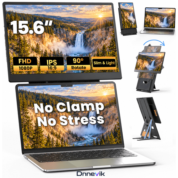 Dnnevik 15.6" Laptop Screen Extender, FHD 1080P IPS Portable Monitor, 100% sRGB, 330 Nits, 0.52" Ultra-Thin, Detachable Stand, USB-C/HDMI