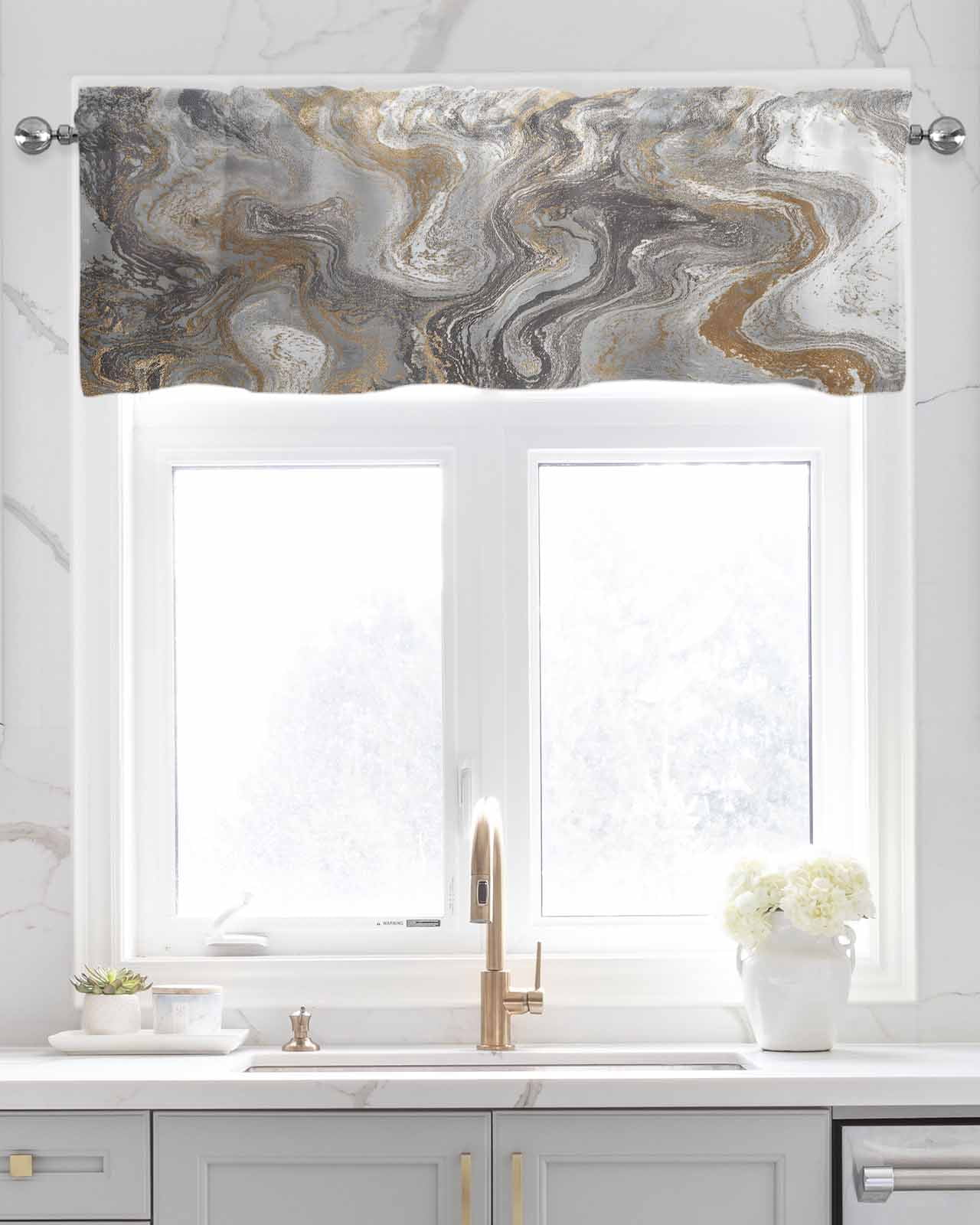 Gray Marble Kitchen Valances for Windows Farmhouse Linen Window Valance Curtain for Living Room Window Treatment Farmhouse Vintage Abstract Ombre Texture Valance Rod Pocket Topper Drape, 60 x 18 Inch