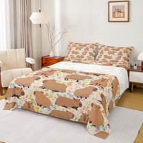 Homewish Kawaii Brown Capybara 4pcs Bed Sheets for Boys Girls,Colorful Flowers King Sheets,Cartoon Cute Animal Super Cozy Sheet Set,Lightweight Room Decor
