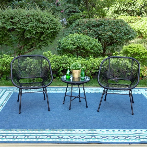 SUMMIT LIVING 3-Piece Outdoor Patio Bistro Set with Handwoven PE Rattan Rope Chairs& Glass Top Coffee Table, Black