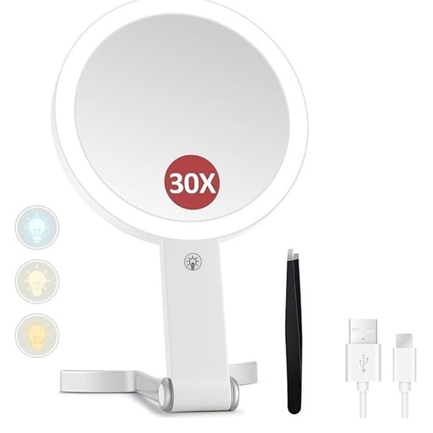Espejo de Aumento con Luz, Espejo de Maquillaje de Viaje de Doble Cara con Aumento de 30X/1X, Iluminación de 3 Colores.