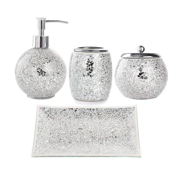 Mosaic Glass Bathroom Accessories, White Bling Bathroom Accessories