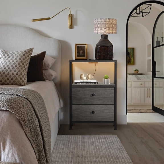 Grey Nightstands Set of 2 with Charging Station and LED Light, Modern Bedroom Bedside Table with Fabric Drawers