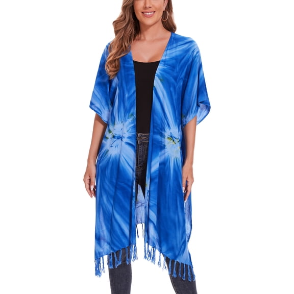 Beautybatik Blue Women HIPPIE Gypsy Tie Dye Kimono Cardigan Shawl Wrap Swimsuit Cover Up Jacket One Size