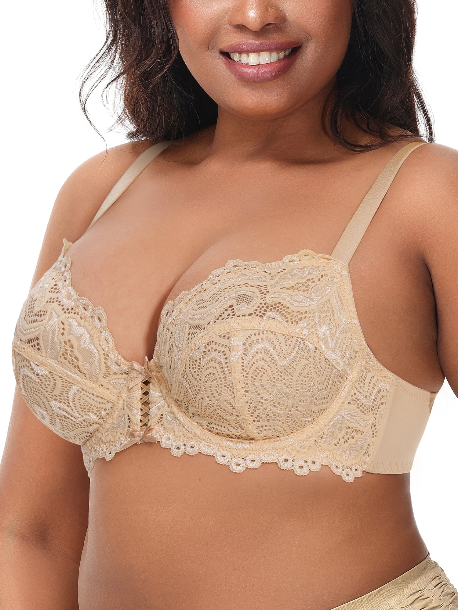 Deyllo Women's Push up Lace Bra Unlined Full Figue Plus Size Wired Support Unpadded See-Though Bra, Dark Nude 34B
