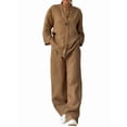 thumbnail image 3 of Womens Cotton Linen 2 Piece Sets V Neck Button Down Long Sleeve Shirt Wide Leg Trouser Sets with Pockets Khaki XXXL, 3 of 7