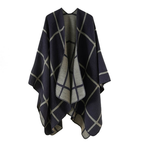 Fauean Women's Shawl Wraps Color Block Tops Autumn Winter Windproof Cloak Elegant Cardigan Navy One Size