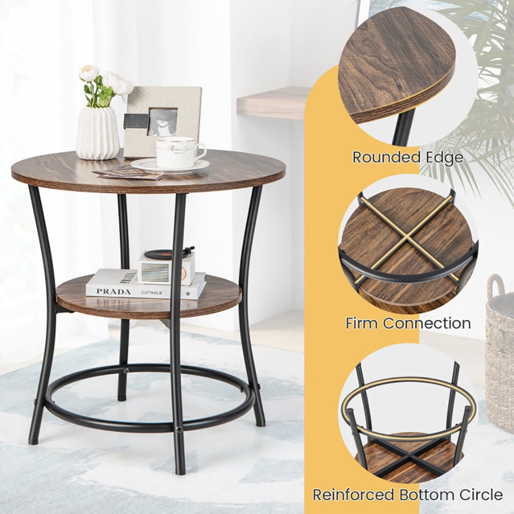 Finihen End Table, 2-Tier Round End Table with Open Storage Shelf and Sturdy Metal Frame, Sofa Side Table, Bed Side Table, for Living Room, Bedroom, Brown Finihen End Table, 2-Tier Round End Table with Open Storage Shelf and Sturdy Metal Frame, Sofa Side Table, Bed Side Table, for Living Room, Bedroom, Brown
