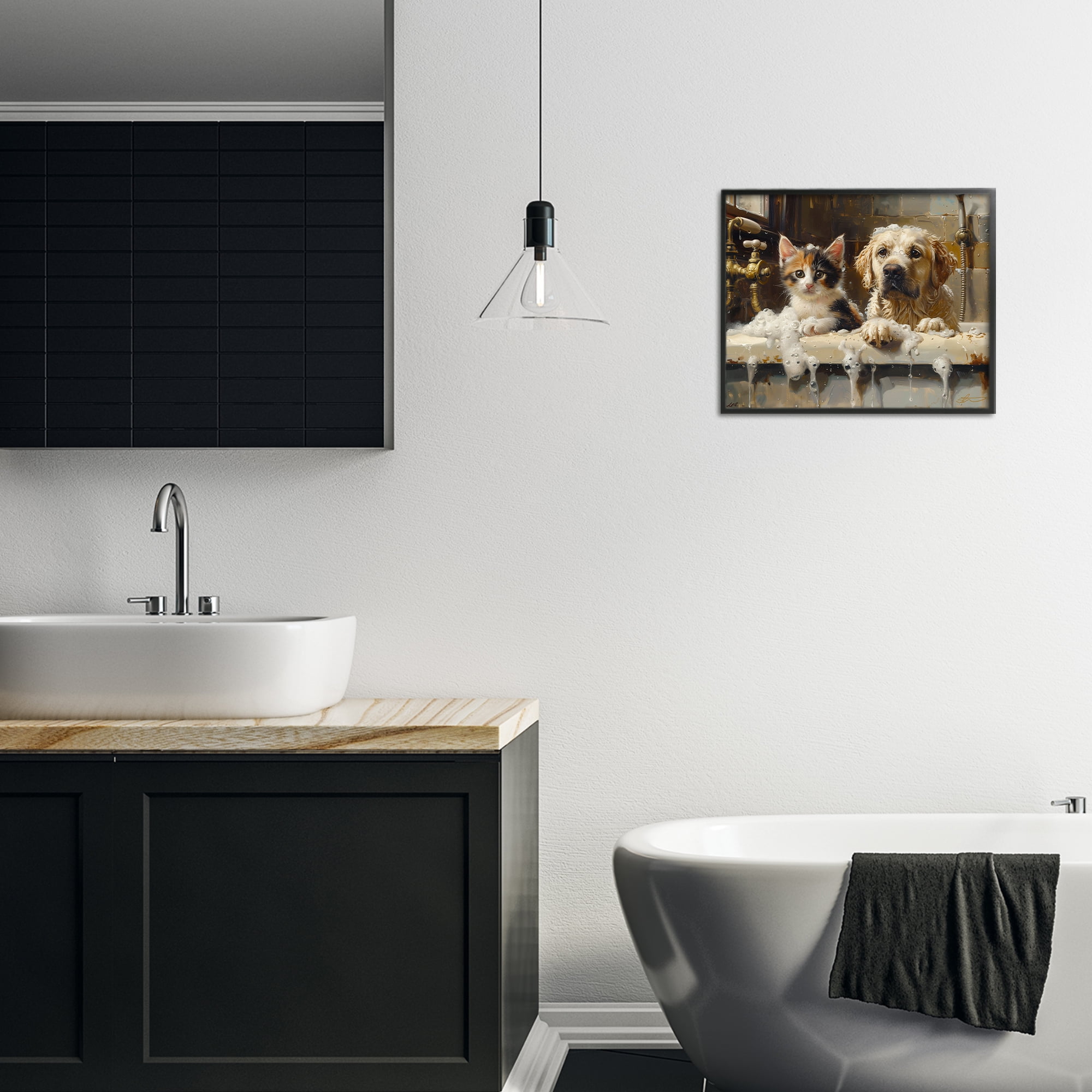 Bath Buddies Cat & Dog Black Framed Giclee Art, design by Shawna Stewart