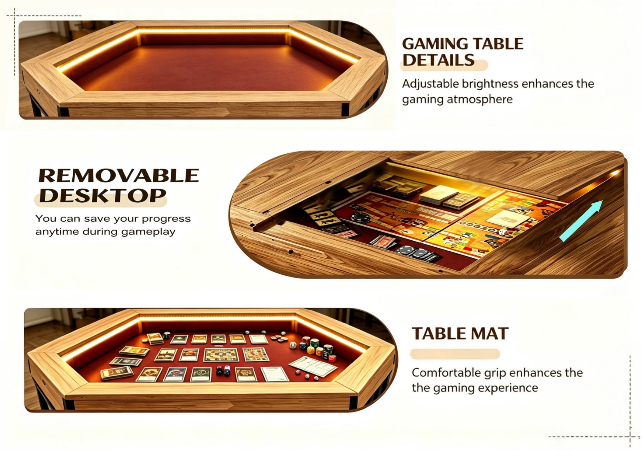 Vinform Solid Wood Board Game & Card Table for Game Rooms, 4-6 Players, 54"x31" Spacious Gaming Surface with Removable Top, Includes Game Mat