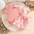 thumbnail image 6 of Infant Girls 3 Piece Daisy Print Outfit Set Short Sleeve Romper Suspender Skirt And Headband Cute Summer Clothes For Baby Toddlers,Pink,6M, 6 of 9