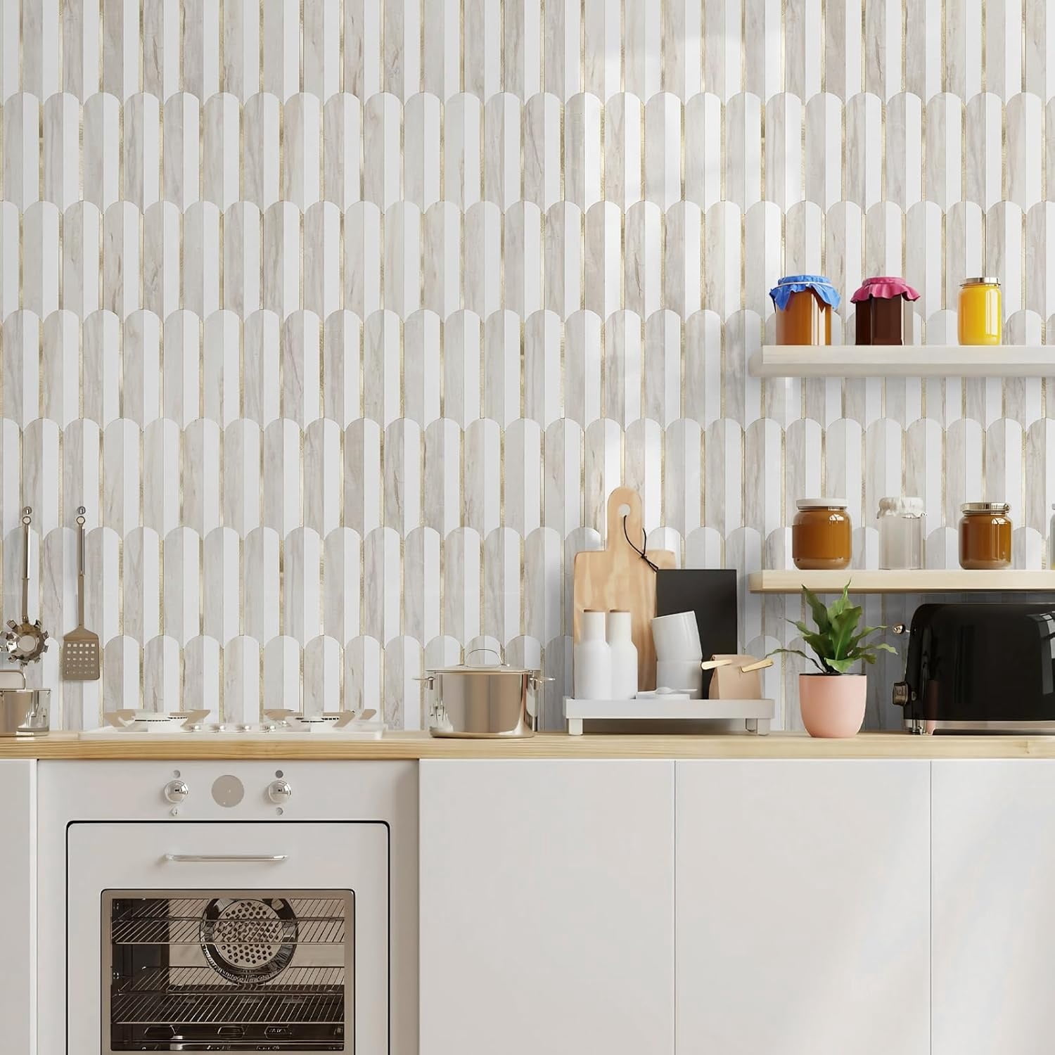 Peel and Stick Backsplash Seamless Tile for Kitchen and Bathroom,White and Glossy Wooden Marble PVC Mixed Light Gold Self Adhesive Fish Scale Metal Mosaic Tiles (10 Sheets)
