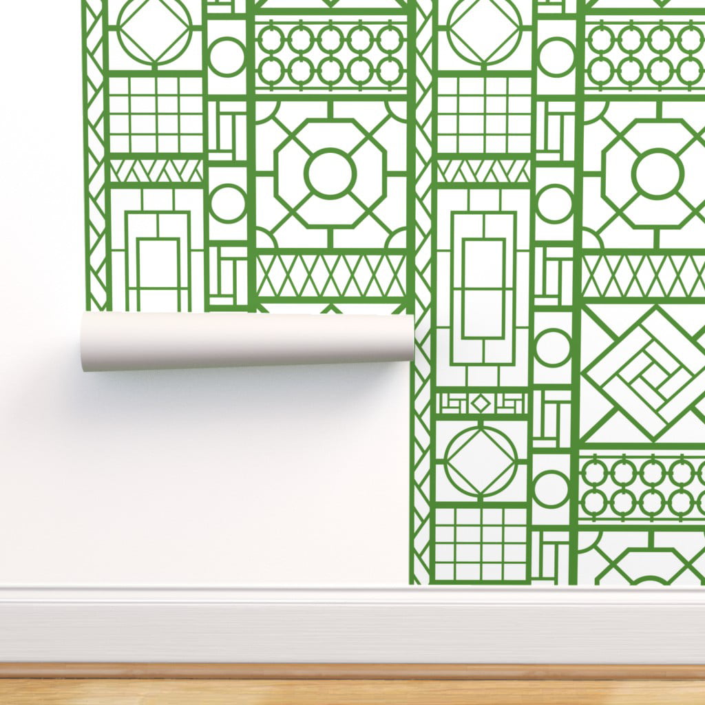 Removable Water-Activated Wallpaper Trellis Green Bamboo Lattice Chinoiserie 
