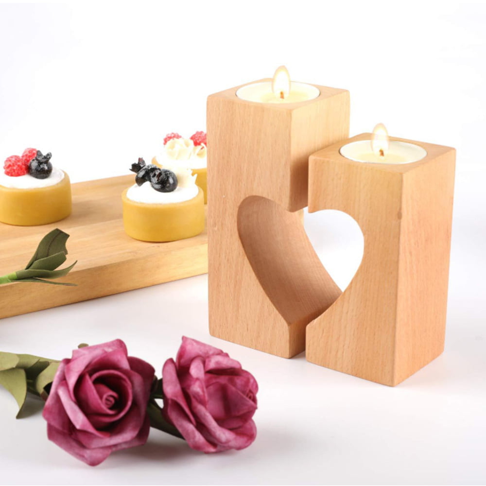 Set of 2 Handmade Heart Shaped Wooden Tea Light Holders Rustic Antique Pine 