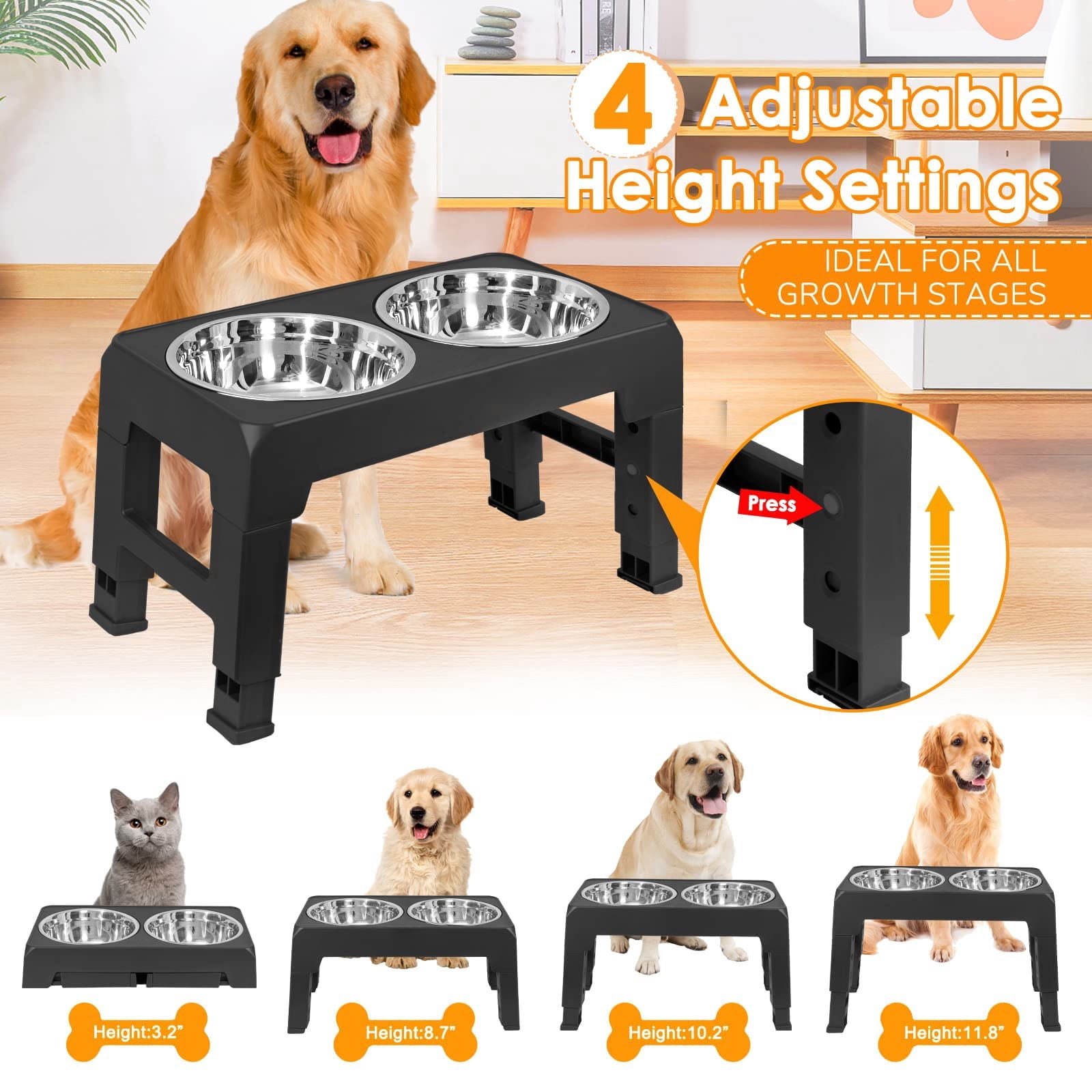 Emlimny 4 Height Adjustable Dog Bowl with 2 Stainless Steel Dog Bowls Non-Slip Dog Bowl Stand Adjusts to 3.2”, 8.7”, 10.2”, 11.8” for Small Medium Large Dogs