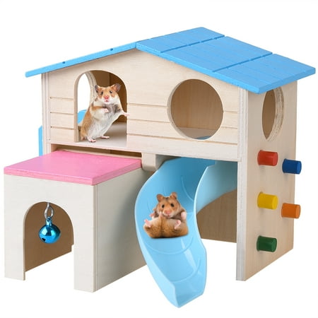 Petacc Hamster House Wooden Pet Cabin Small Animal Hideout Deluxe Hamsters Villa Creative Two-layer Hut for Small Animals, Equipped with Slide, Drawer-style Hut, Hanging Bell, Ladder and Climbing Wall