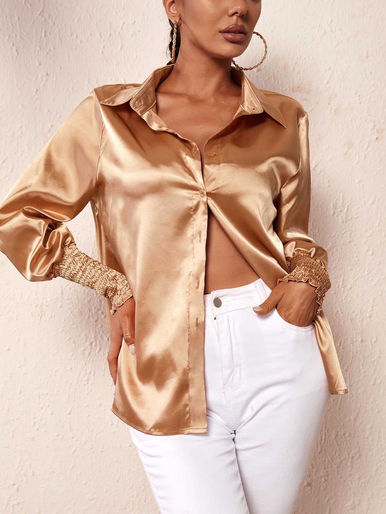 Champagne Shirred Cuff Satin Blouse 