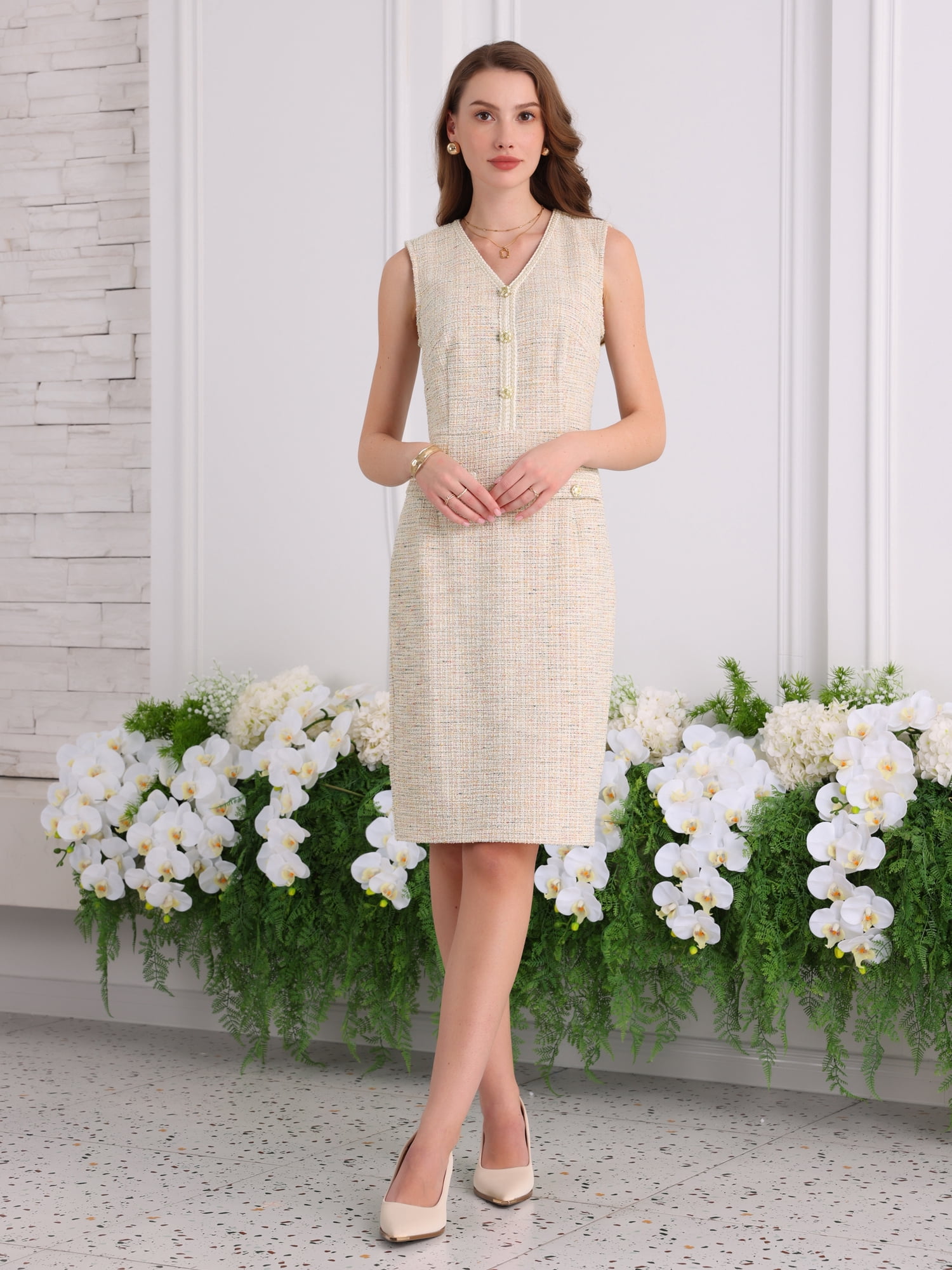 DARING DIVA Women's Sleeveless V Neck Button Decor Pencil Dresses XL Beige