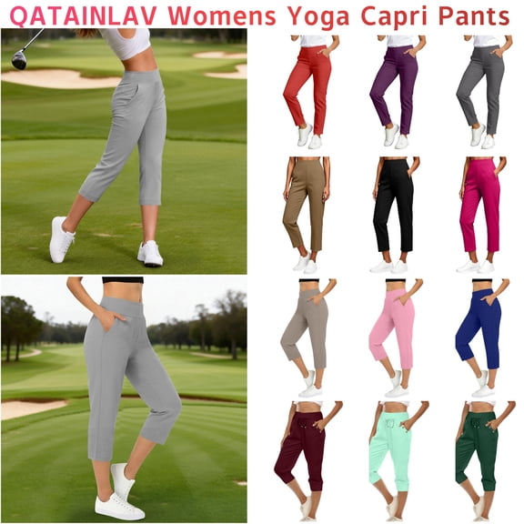 QATAINLAV Woman Capris with Pockets 7/8 Length High Waisted Stretch Golf Pants Pull On Business Casual Travel Capri Pant Green XL