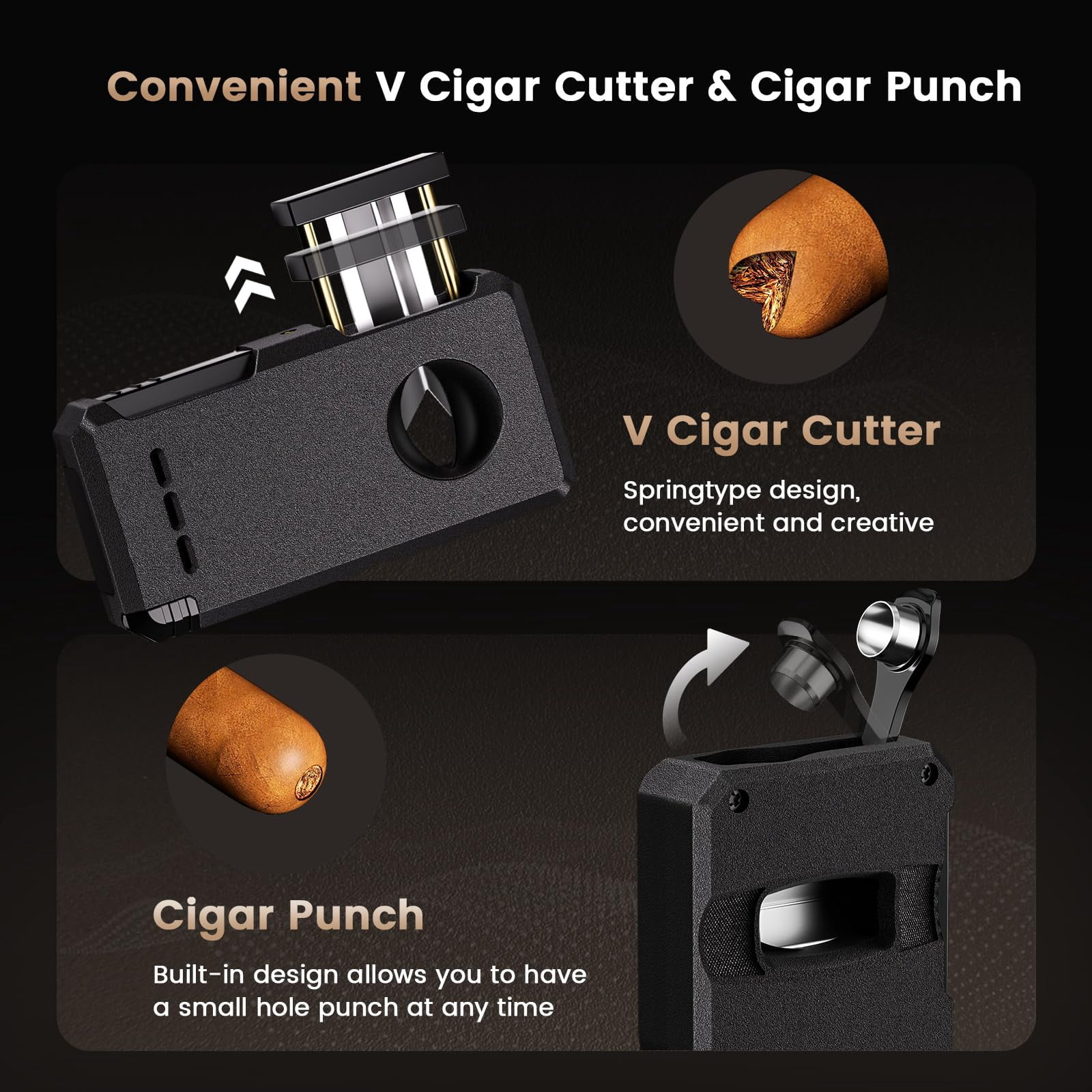 5-in-1 Torch Lighter With V-Cutter & Hole Punch - Adjustable Triple Jet Flame, Blue