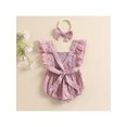 thumbnail image 3 of Baby Girls Summer Romper with Headband, Plain Fly Sleeves Lace Square Neck Tie-Up Romper, Infant Snap Triangle Backless Jumpsuit, 3 of 9
