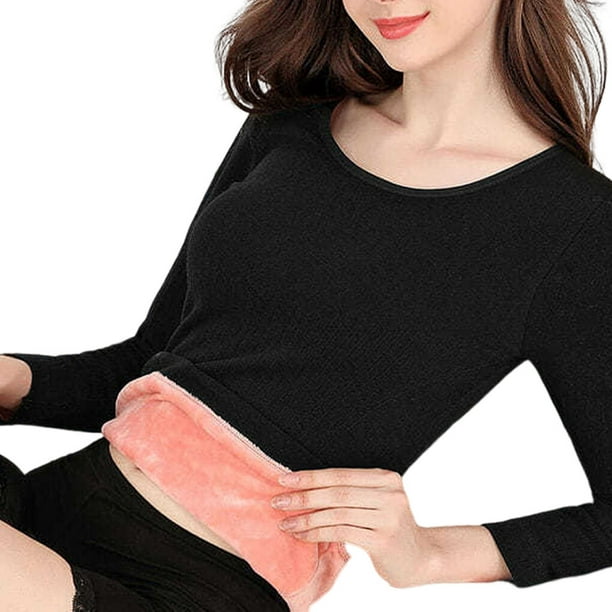 Enqiretly Women Thermal Underwear Velvet Warm Cold Weather Basic Top Long  Sleeve Solid Color Base Clothing Warmer Dressing Soft Black 2XL