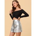 thumbnail image 3 of INSPIRE CHIC Mini faldas metálicas de cintura alta con cremallera frontal Aline para mujer Color plata-B XL, 3 of 5